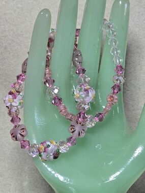Pink Lampwork Floral Glass Beaded Stretch Bracelet Set Of Two